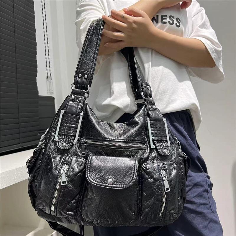 Ladies Y2K Spice Girl Multi-Pocket Locomotive Bag Large Capacity Washed Shoulder Crossbody Bag