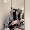 Herbst Neuer Stil Grau Mit Kapuze Reißverschluss Damen Sweatshirt Schulterfrei All-Match Lässiges Oberteil