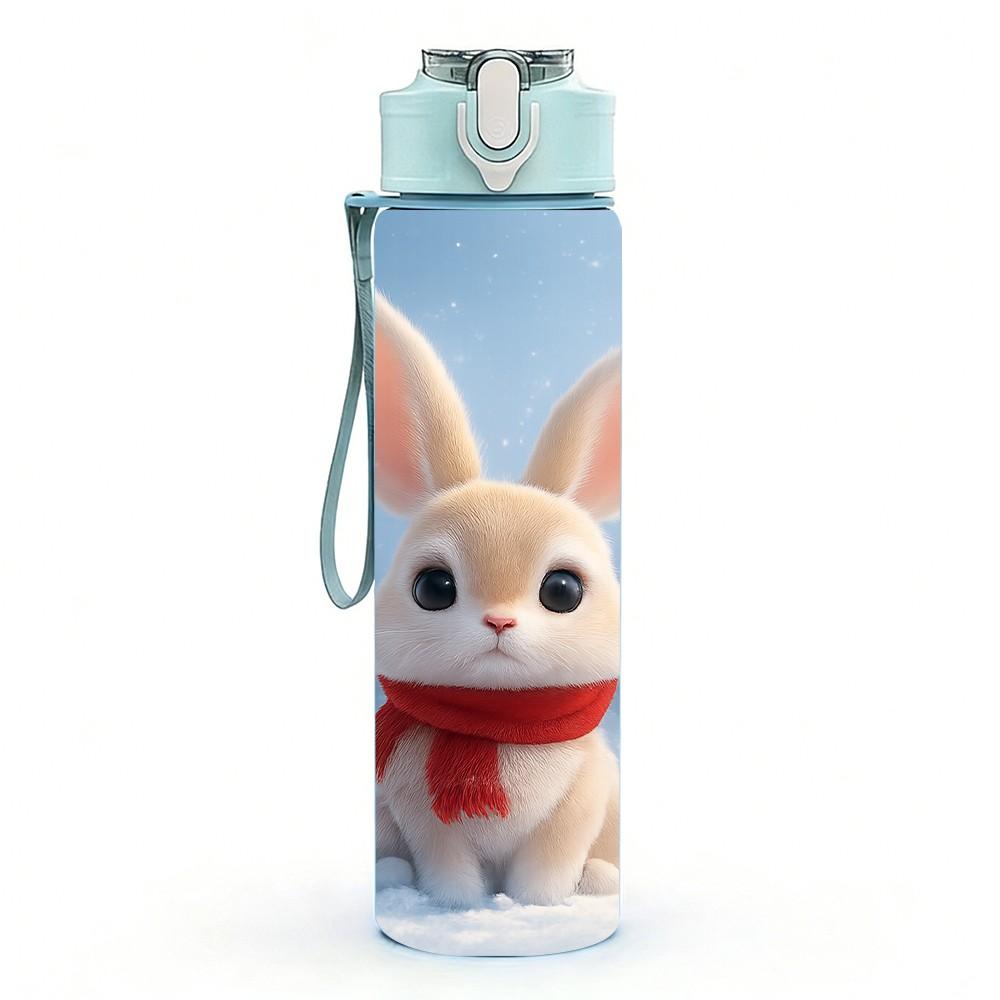 1PC White Rabbit Red Scarf Winter Print 750ml Color Plastic Sports Water Bottle Leakproof Flip Straw Lid Suitable for Sports Office Home Use