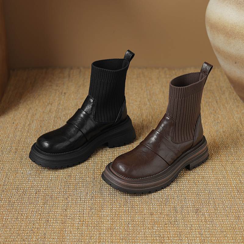 Krazing Pot Microfiber Autumn Winter Shoes Thick High Heels Flat Platform Size 43 Motorcycle Boots Knitwear Ankle Boots