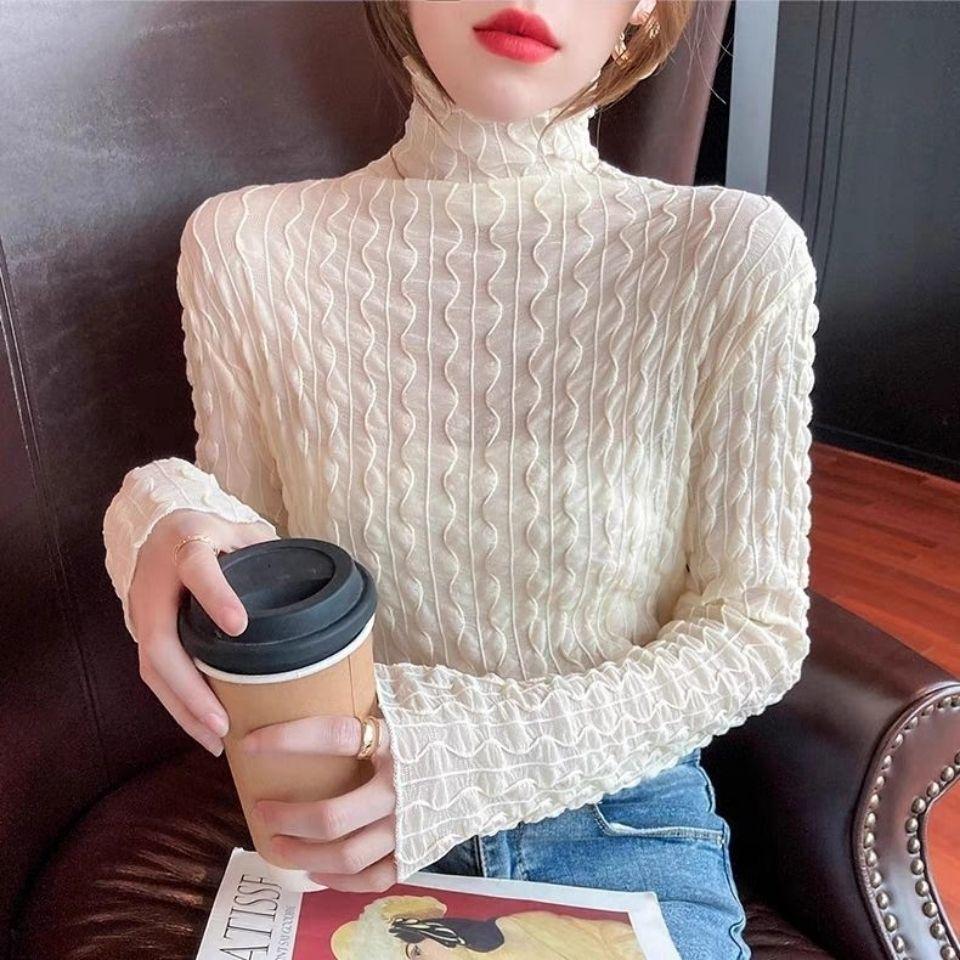 Striped High Neck Mesh Base Shirt for Women with A Transparent Black Fungus Edge Sexy Gauze Shirt Long Sleeved Lace Coffee Colored Top Thin
