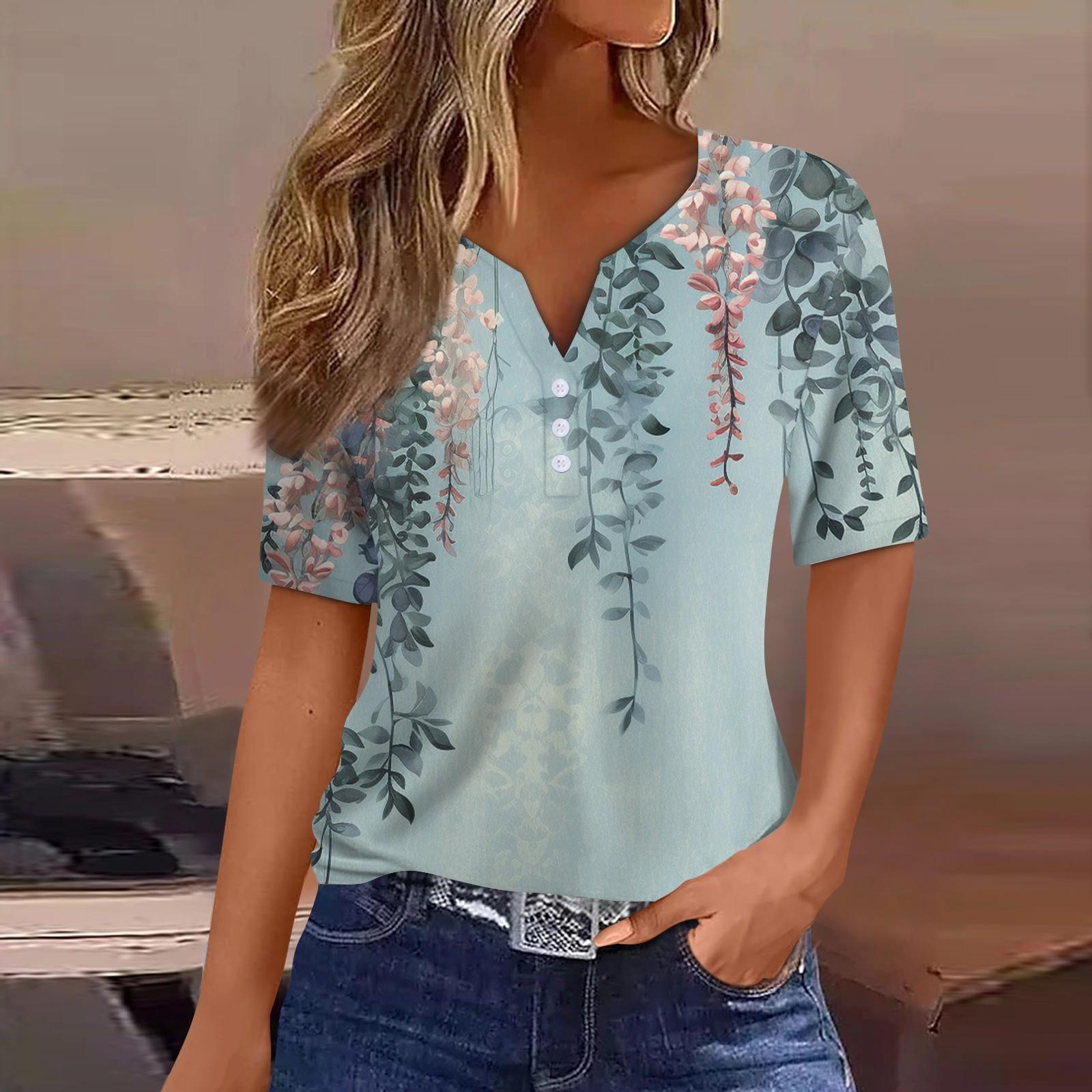 Жен. Футболка С принтом Пуговицы С короткими рукавами Повседневные Выходные Мода — фото 6