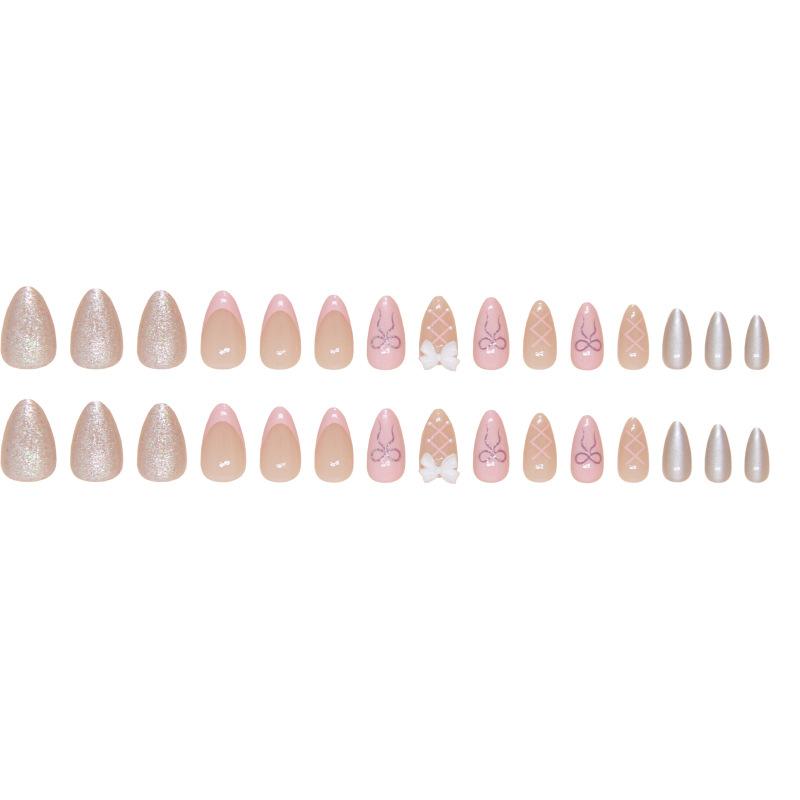 24 Pcs Nail Patch Sweet Pink Fake Nail Bow Removable Solid Color Ins Wind Wearing Nail French Nail Art