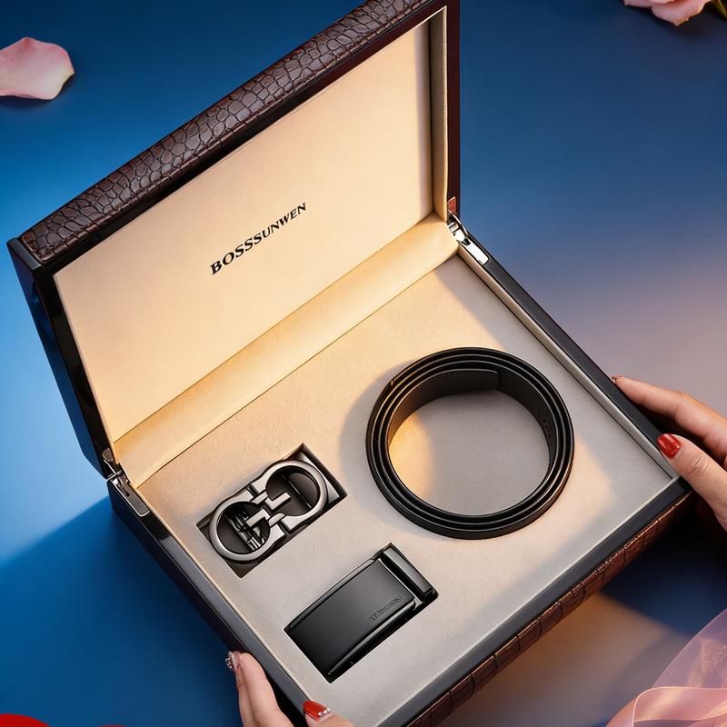 BOSSSUNWEN Men s Luxury Crocodile Leather Automatic Buckle Belt Gift Set 120cm