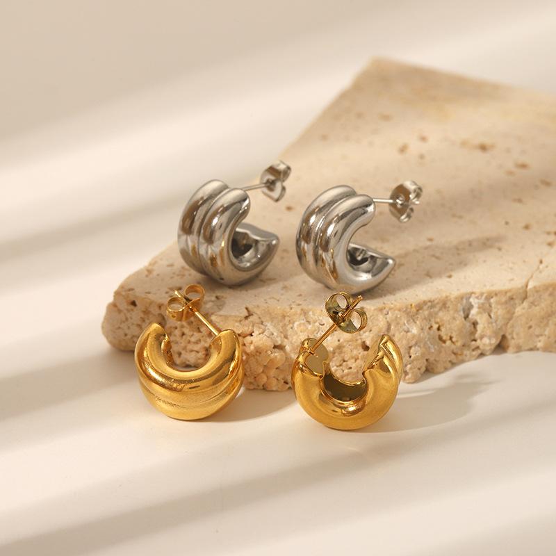 C Shaped Metal Stainless Steel Smooth Ear Studs Waterproof Anti Allergic Elegant Trendy Jewelry for Women