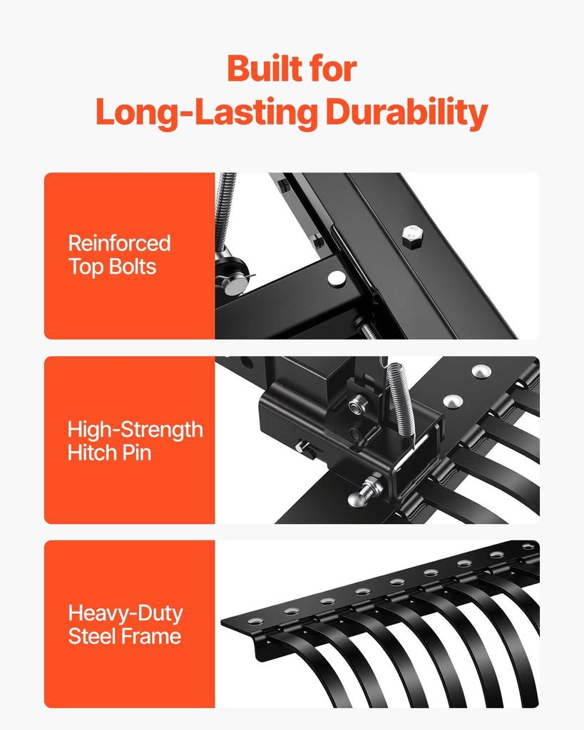 106.7cm Tow Behind Landscape Rake, 3-Point Lawn Rock Rake with Blade & Lift Lever, Fit Category 1 ATVs UTVs Lawn Tractors, Heavy Duty Dethatcher Rake