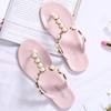 Fashion Pearl Studs Clip Toe Sandals Women String Bead Metal Ring Flip Flops Fairy Anti-skid Beach Sandalias All-match Jelly Shoes Woman