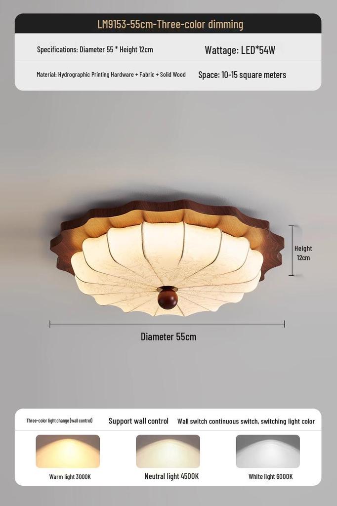 Walnut Wood Grain Wabi-Sabi Bedroom Ceiling Light, Retro Fabric Design, Atmospheric Eye Protection Fixture