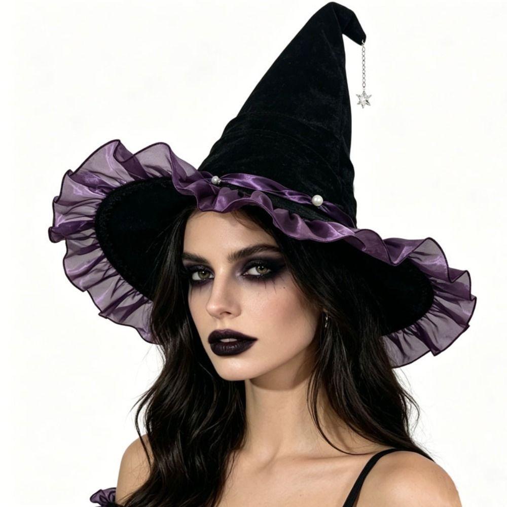 Satin Bow Halloween Hat Star Pendant Wizard Cap Party Props Masquerade Cap  Masquerade Ball