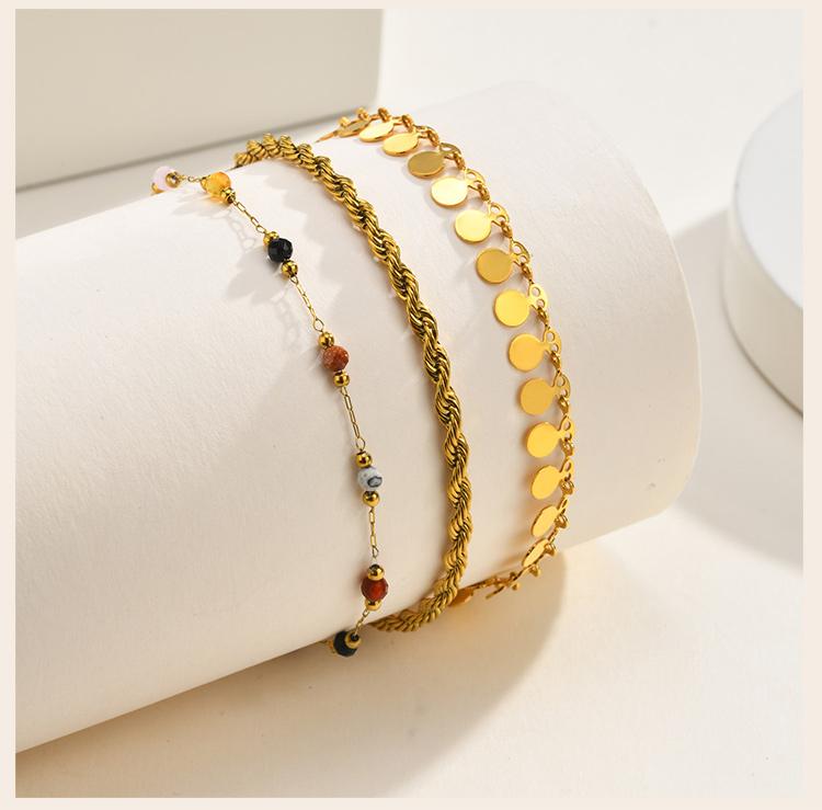 3 Layers Gold Plated Anklet Set for Women Nature Stone Bead Bohe Disc Charm Stainless Steel Beach Foot Jewelry