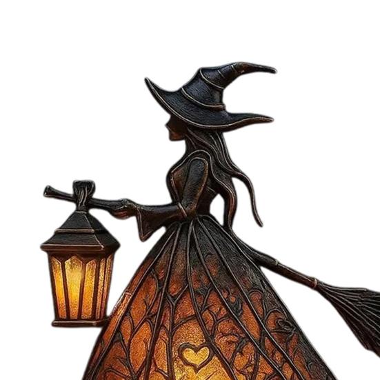 Halloween Witch Lamp Handcrafted Gothic Small Stained Glass Witch Figurine with Warm Light Desktop Standing Night Light for Home Shelf Mantel Decor