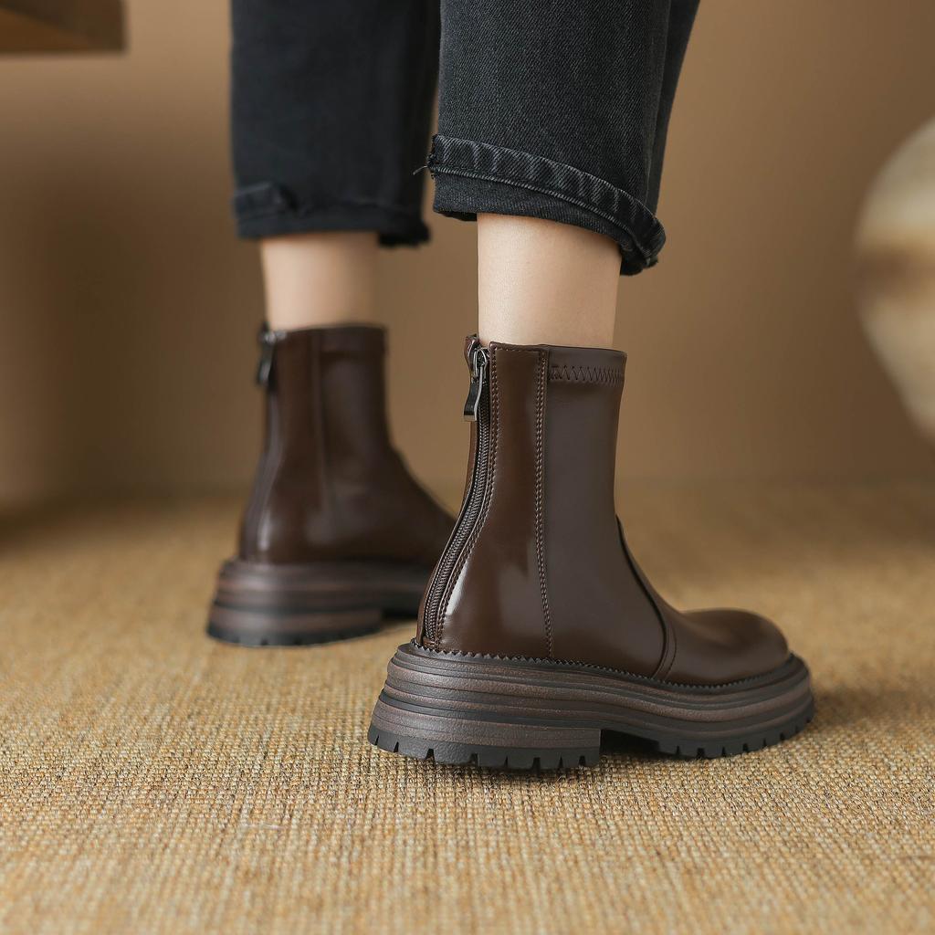 Krazing Pot Microfiber Autumn Winter Shoes Thick High Heels Zipper Platform Size 43 Motorcycle Boots Brown Color Ankle Boots