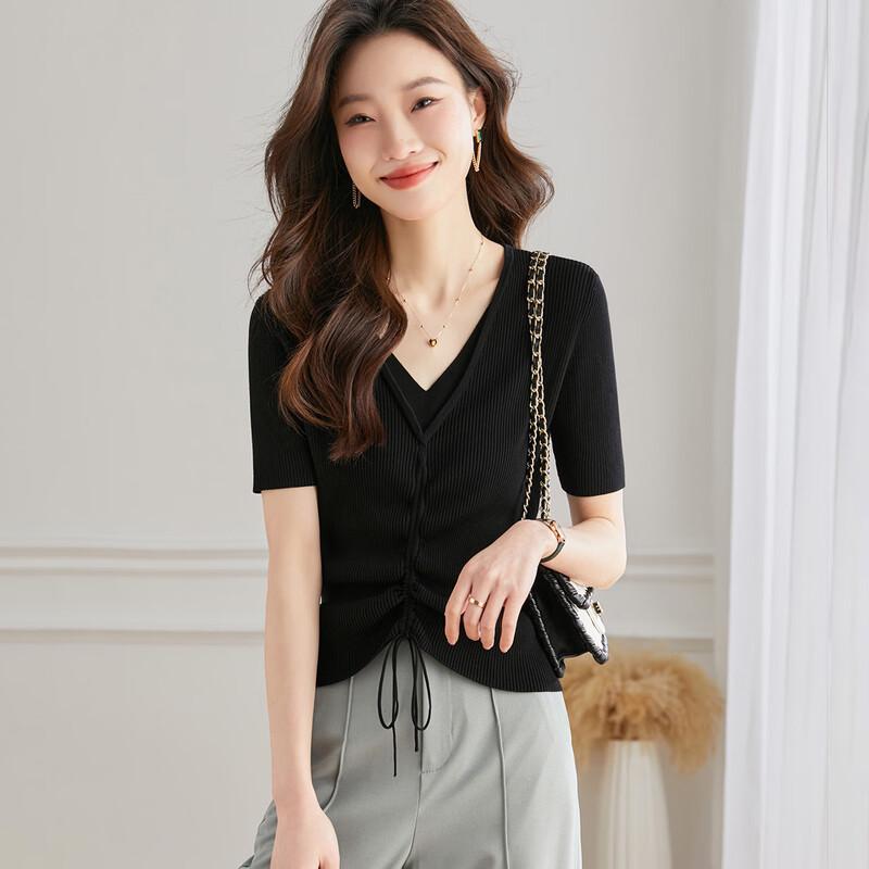 Srcr Silk-Blend Faux-Layer Waist-Defining Short Sleeve Knit Top