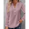 Women Long Sleeve V Neck Button Solid Color T Shirt