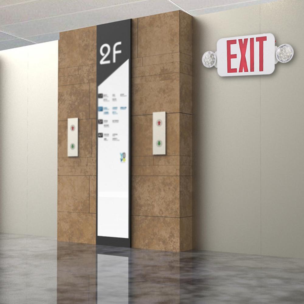 AC120/277V Red Exit Sign LEDs Combo Emergency Light with Adjustable Two Head Backup Batterys Wall