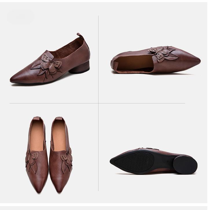 Johnature Pantofi cu tocuri de pisicuță cu vârf ascuțit, pantofi cu încălțăminte, retro, din piele naturală