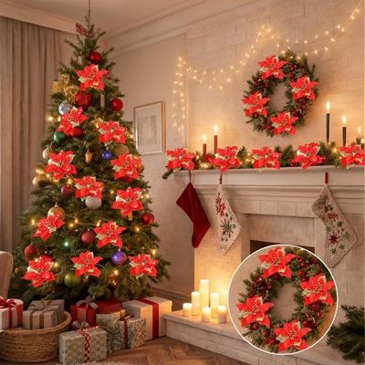 6 Stück 8/10/15cm Weihnachtsblumendekoration Glitzer Weihnachtsbaum Hängeornament für Navidad Künstlicher Kranz Handwerk Neujahrsgeschenke