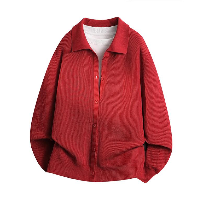 

Вязаная куртка-поло с отложным воротником для мужчин, весна и осень, минималистичная толстовка в корейском стиле для мужчин, повседневная куртка, куртка-свитер M красный