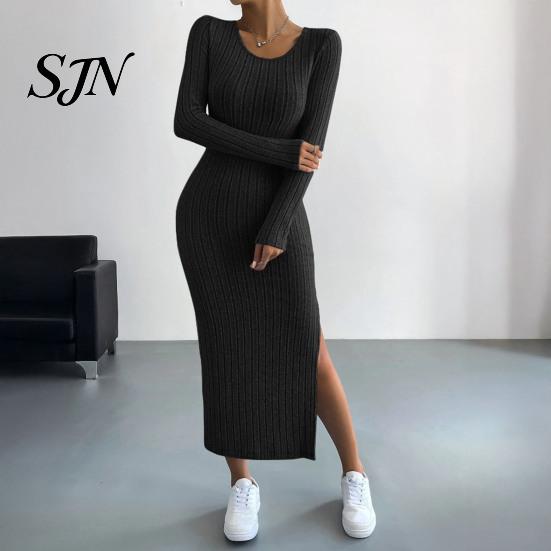 Comfortable Casual Dresses Women Round Neck Knitted Dress, Long Sleeve Pullover Sweater Winter Wear Solid Color Stretchy Split Bodycon Dress