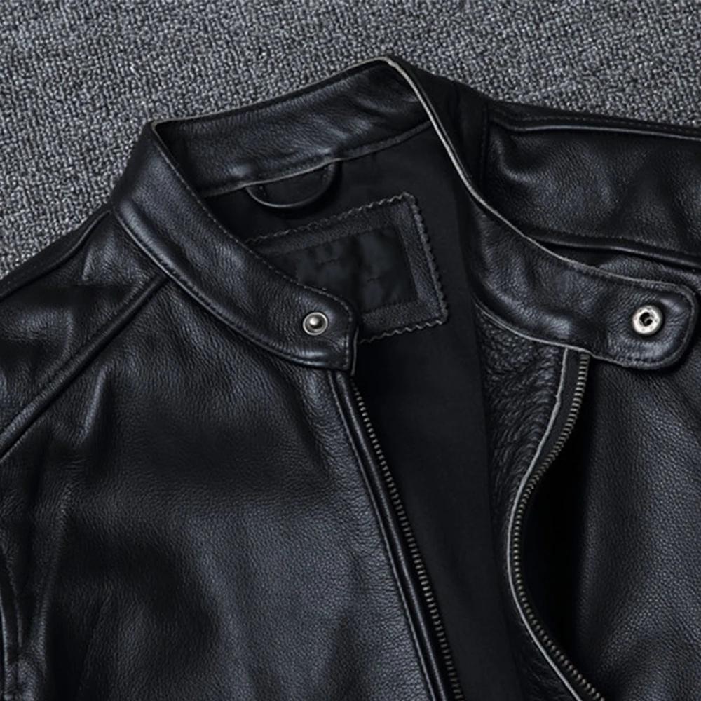 Men's Casual Slim Black Genuine Leather Jacket Fashion Real Cowhide Vintage Motorcycle Biker Coat Spring Autumn