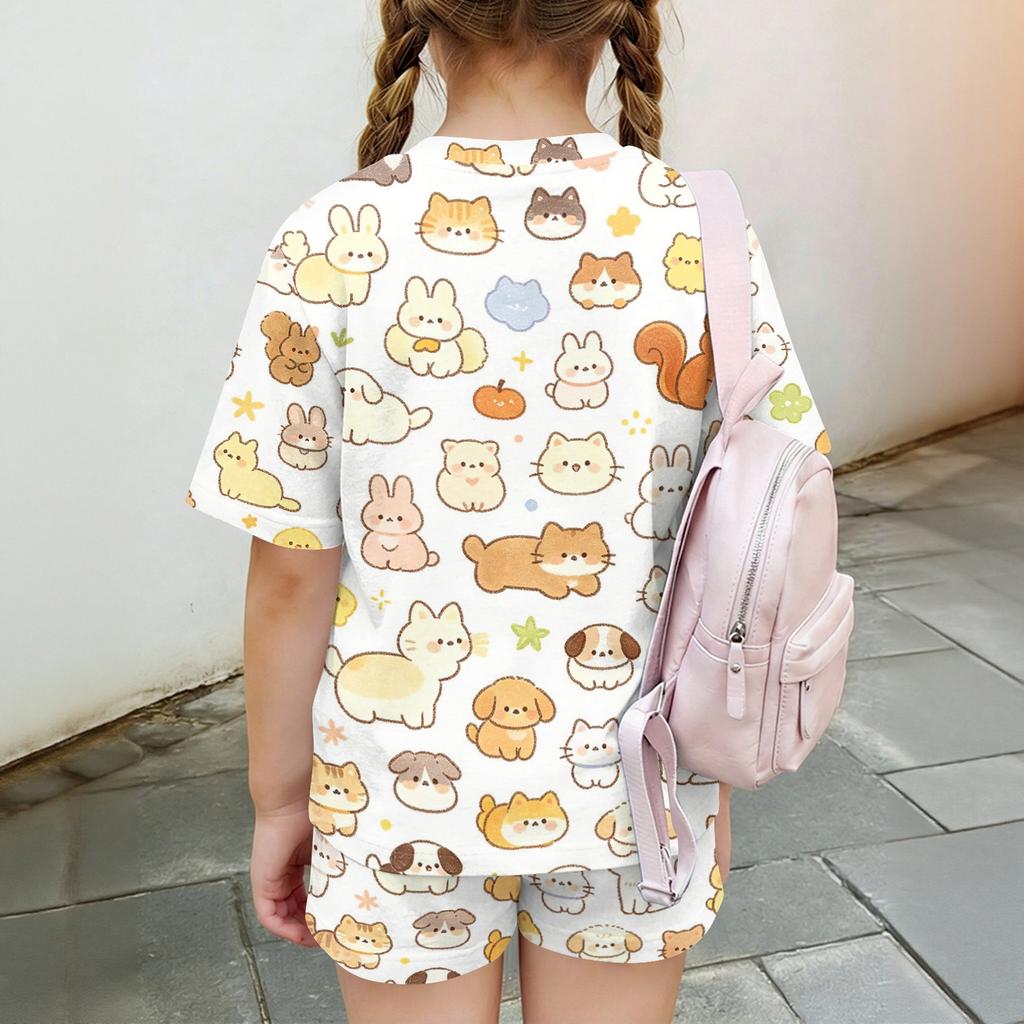 Kids Casual Two Piece Set Short Sleeve Top and Shorts Animal Pattern Lightweight Comfortable Summer Outfit for Boys and Girls