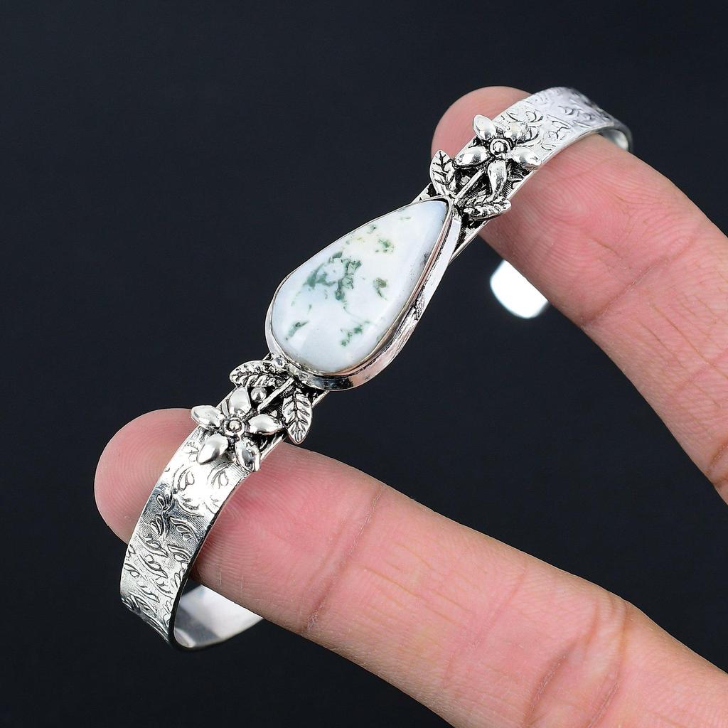 Friendship Day Deal Natural Tree Agate 925 Sterling Silver Wedding Flower Bangle
