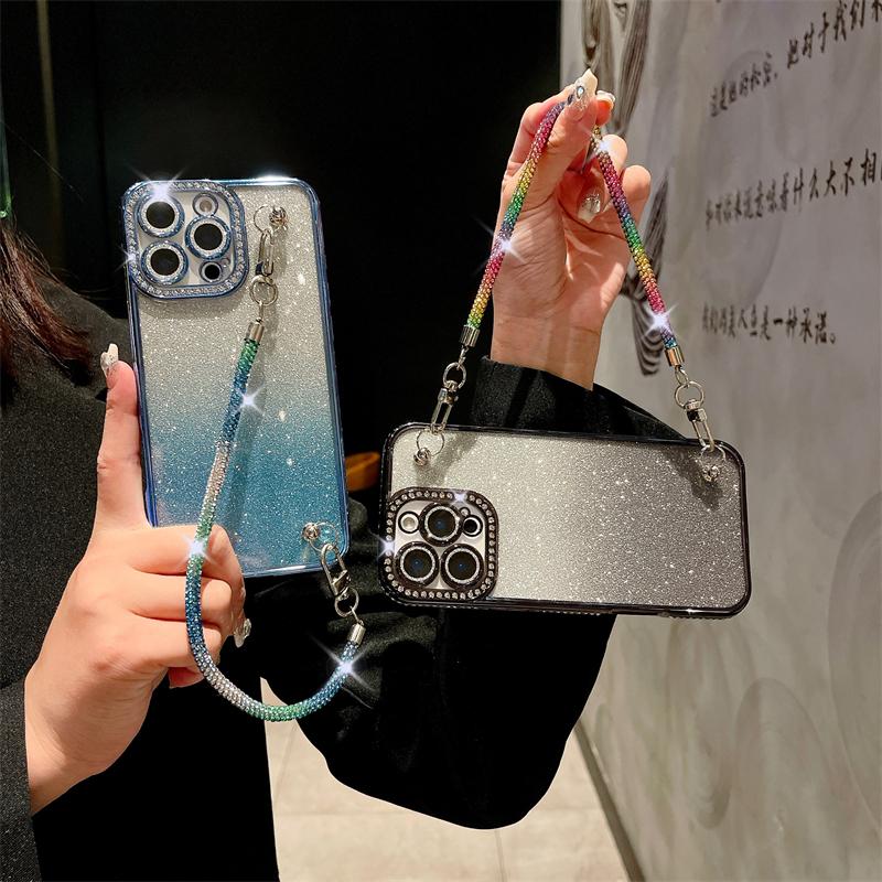 For iPhone 16 Pro Max Luxury Flash Diamond Chain Plating Frame Phone Case For iPhone 11 12 13 14 15 Plus Lens Protective Cover