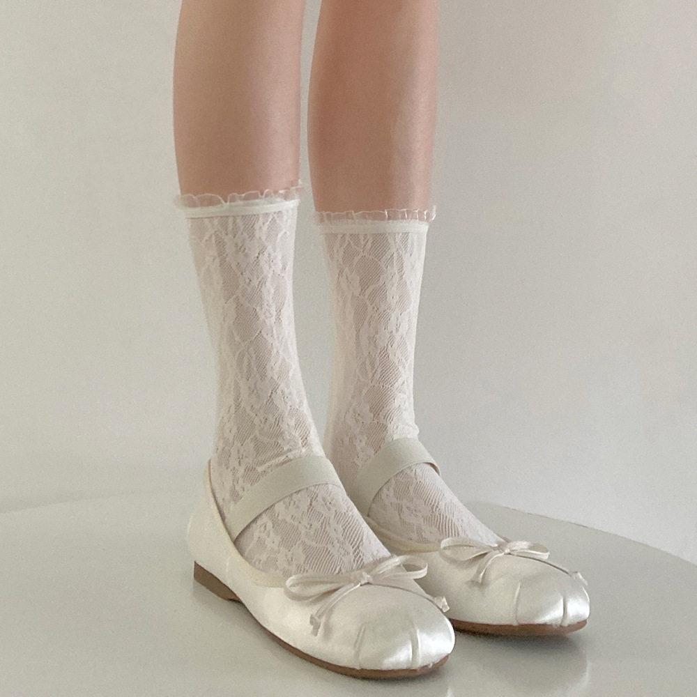 Spring And Summer Thin Meat-Through Lace Tube Socks Women'S White Hollow Mesh Stacking Socks Japanese Sweet Calf Socks