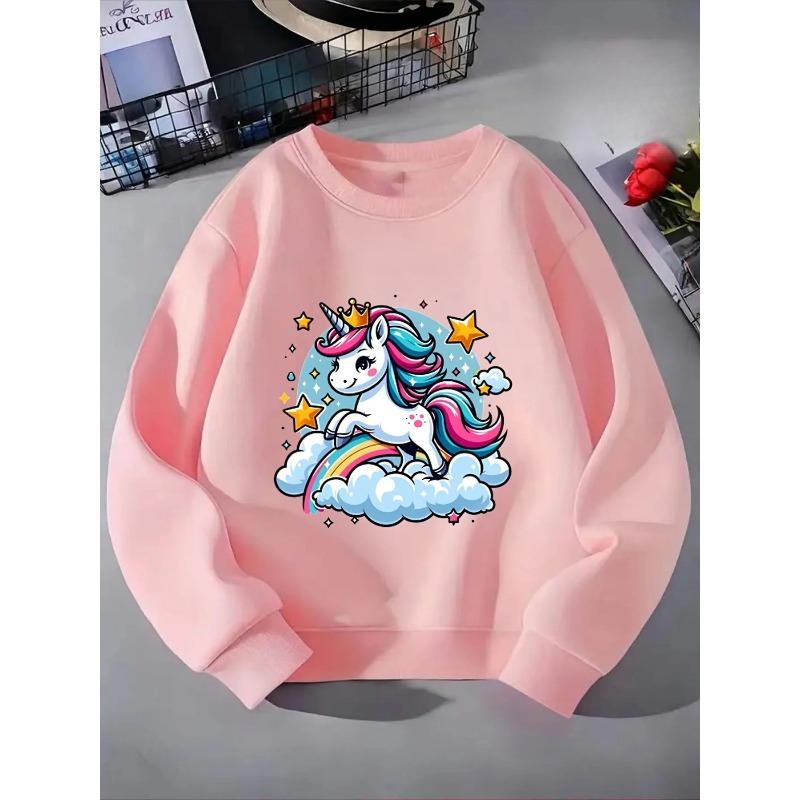 Girls' Crewneck Sweatshirt - Unicorn Rainbow Cloud Stars Crown Magic Machine Washable, Spring And Autumn, Sportswear And Casual Wear