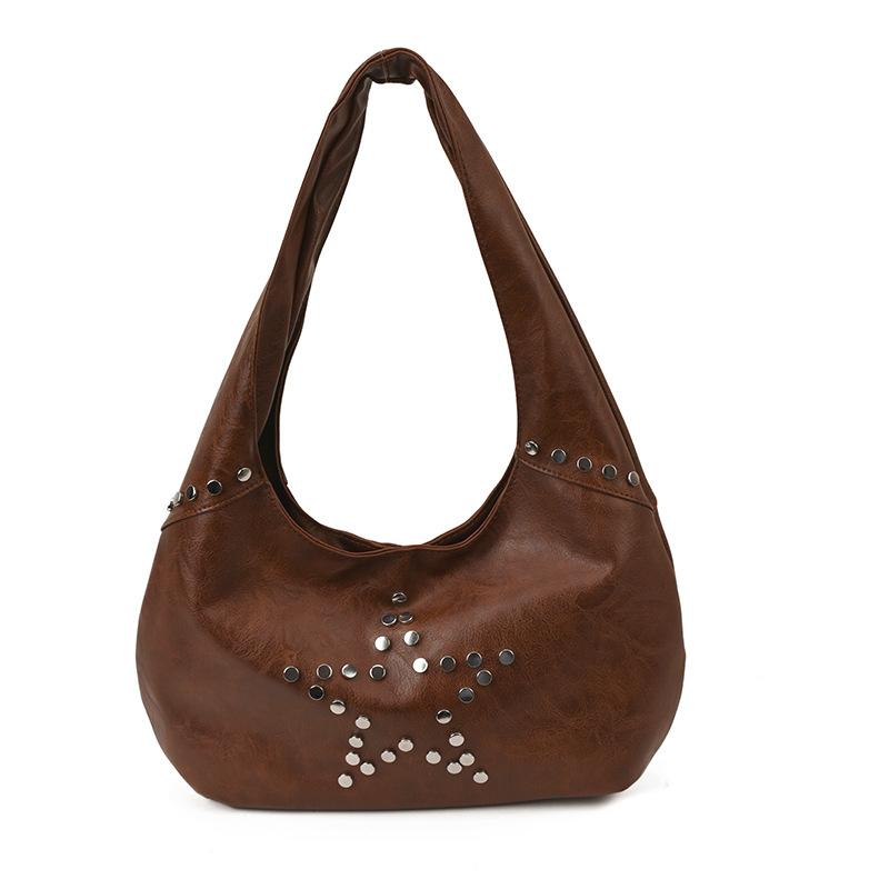 2025 Autumn New Texture Retro Rivet Shoulder Armpit Bag European and American Fashion Large Capacity Fashion Bucket Bag