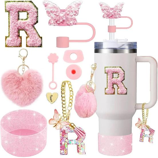 9PCS Accessory Set for Stanley Cup 30oz 40oz Butterfly Straw Cover Cap Silicone Boot Charm Initials Sticker Spill Proof Stopper Cup Holders 5