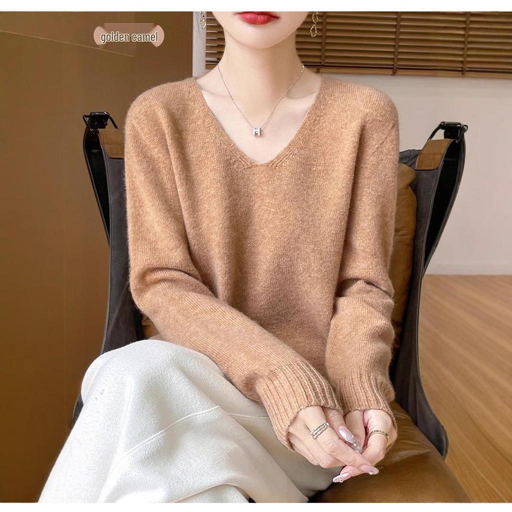 Women's V-Neck Thickened Wool Knit Sweater – 100% Pure Loose Fit