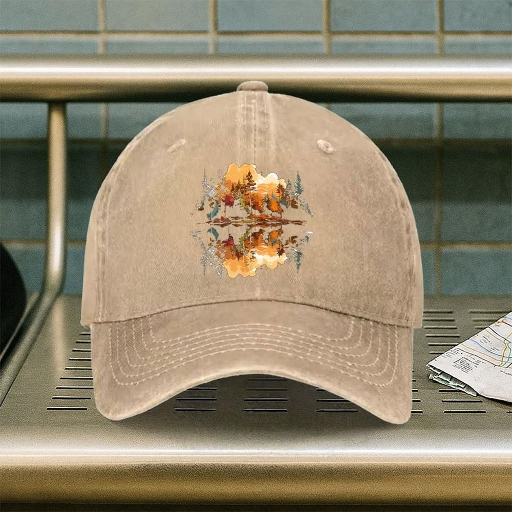 Lakeside Scenery Print Washed Denim Baseball Cap Adjustable Casual Outdoor Sun Hat