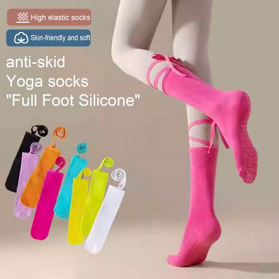Yoga Pilates Socks with Grips for Women Non-Slip Tie-up Ankle Socks Grippy Lace-up Crew Socks for Barre Ballet Dance