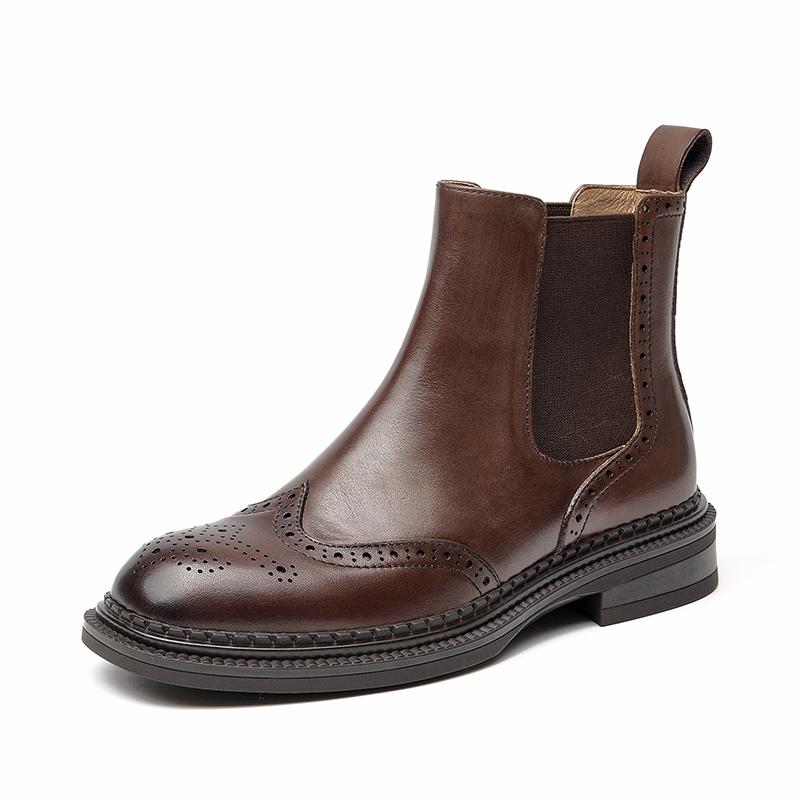 

BEAUTODAY Women Chelsea Boots Genuine Calfskin Leather Round Toe with Brogue Pattern Elastic Band Ladies Shoes Handmade 03077 40