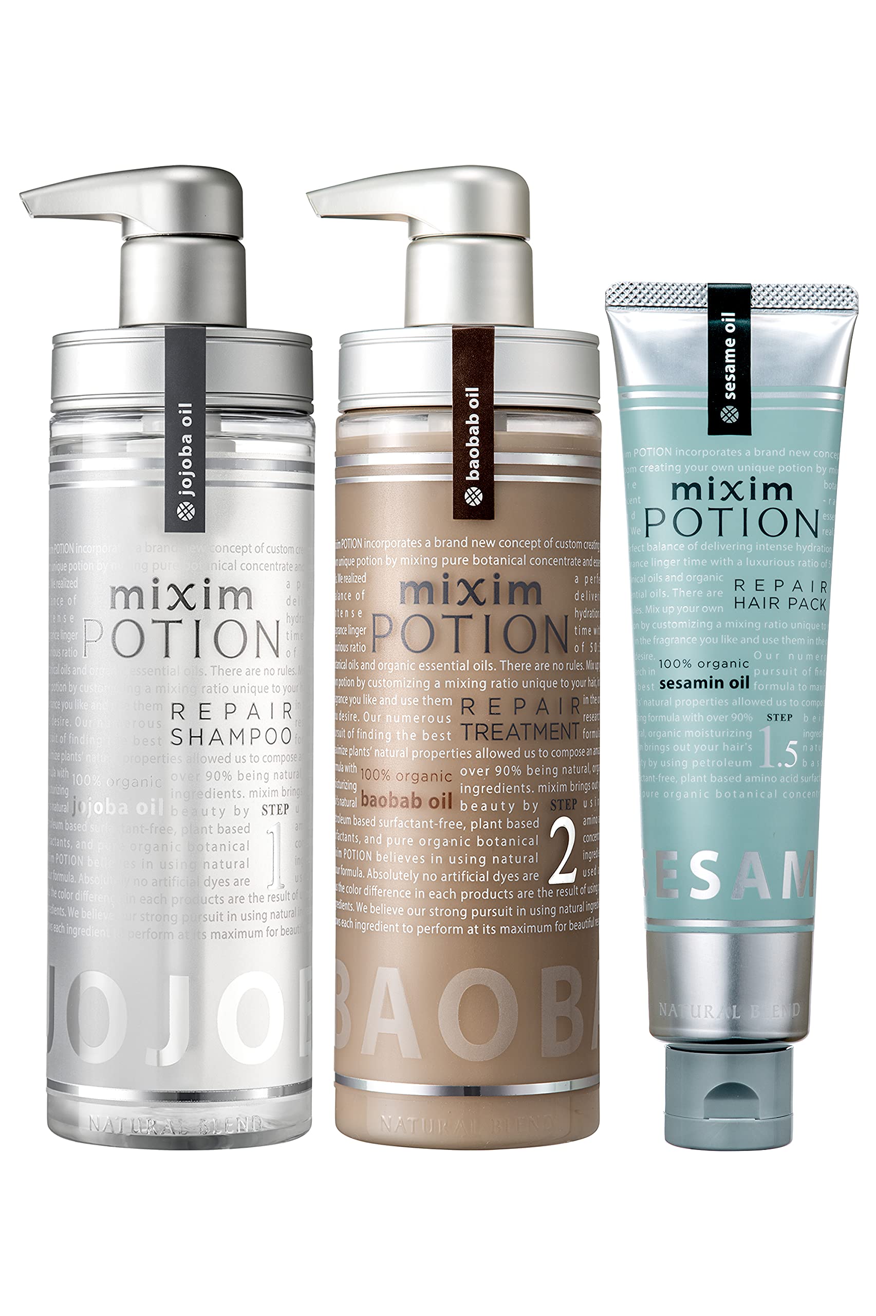 

[Лимитированный набор] Mixim Potion EX Repair Набор из 3 средств [ШампуньКондиционерМаска для волос] Уход за поврежденными волосами с помощью натуральных ингредиентов и компонентов бьюти-сыворотки