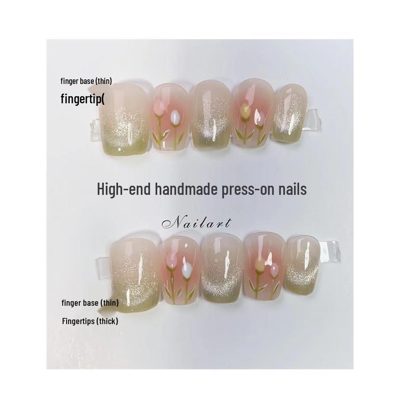 Handmade High-End Removable Tulip Cat-Eye Blush False Nail Tips