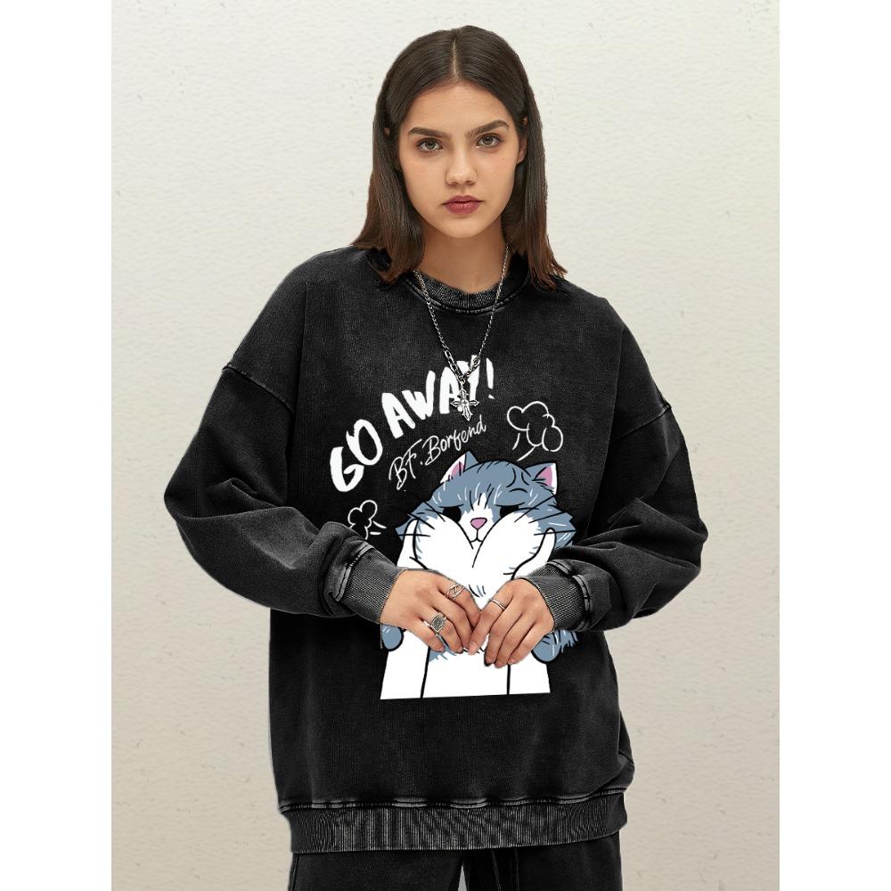 

Уйди Тронутый Мультяшный Принт Кота Женские Выстиранные Толстовки Хлопковый Пуловер с Круглым Вырезом Свободная Одежда Осень 3XL