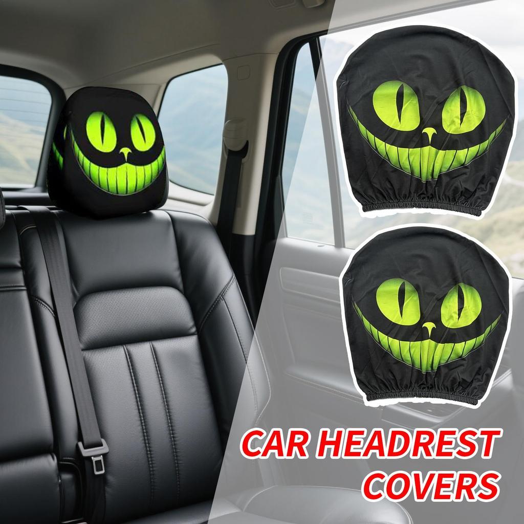 2pcs Car Headrest Cover  Funny Vehicle Front Seat Cover Soft Interior Decor Halloween Printed Car Pillow Cover  for Sedans Auto