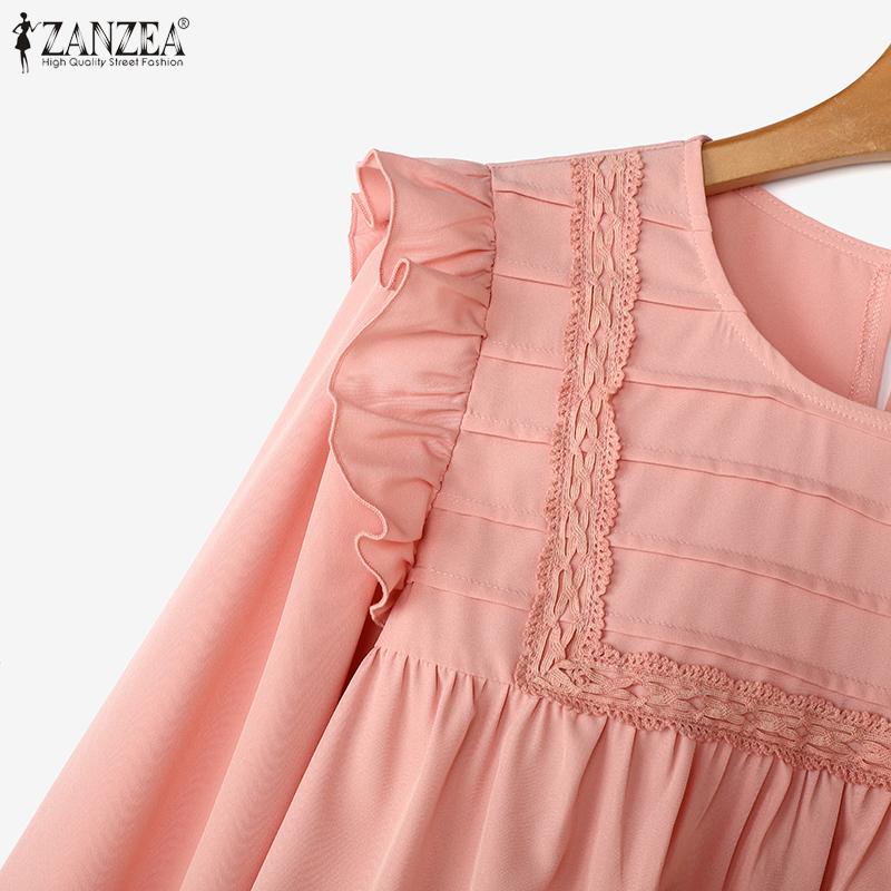 ZANZEA Women Vintage Round Neck Ruffled Long Sleeve Striped Blouses