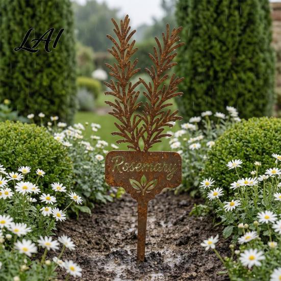 Gartendeko für Innenhöfe Rasenflächen Metallpflanzenstab Rostiges Rosmarinetikett Dekorative Kräuteretiketten Outdoor Thymian-Markierer Hofkräuter Hochbeet Pflanzgefäß