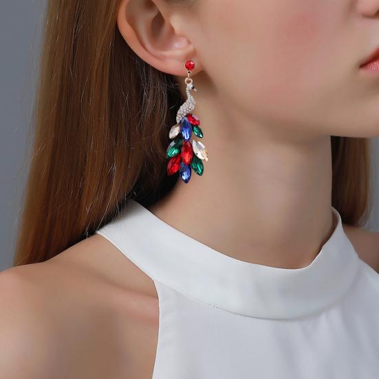 1 Pair Drop Earrings Vintage Rhinestone Peacock Golden Finish Luxury Elegant Green Faux Crystal Feather Dangling Earrings Fashion Jewelry