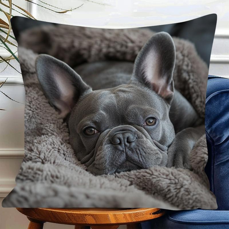 1pc French Bulldog Plush Pillowcase/Cushion Cover - Soft Zipper Closure Suitable for Living Room, Bedroom, Office Decor, Modern Frenchie Dog Bed Cover