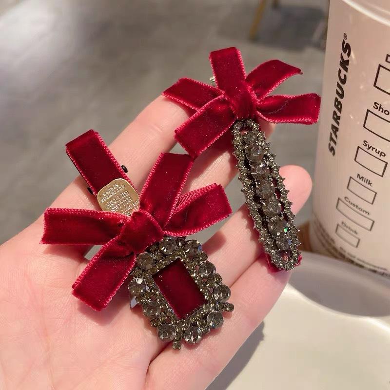 2 Pezzi Dolci Fiocchi Strass Mollette per Capelli Ragazze Kawaii Carino Copricapo Fiocco di Velluto Mollette a Becco d'Anatra Bambini Mollette Laterali Forcina per Capelli Frangia
