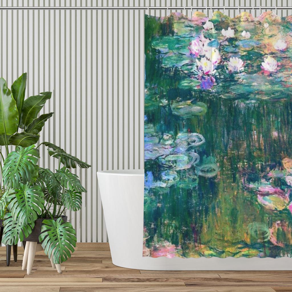 Water Lilies Monet Shower Curtain Landscape Bath Curtain With Hooks for Bathroom Waterproof Scenery