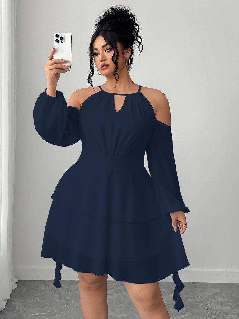 European & American Plus Size Off-the-Shoulder Ruffle Dress with Sweetheart Neckline and Lantern Sleeves