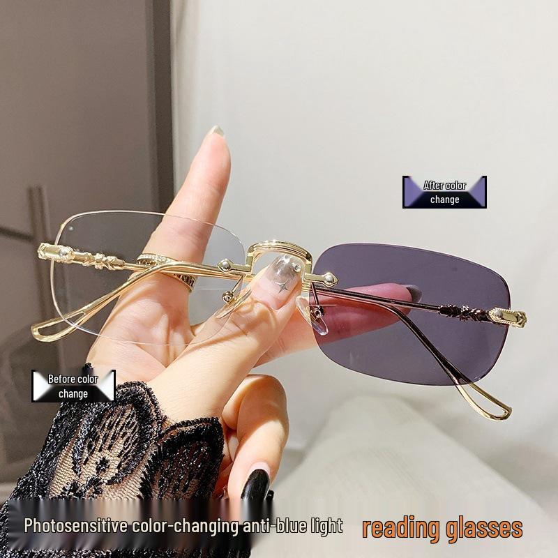 Rimless Anti-Blue Light Color-Changing Reading Glasses for Seniors