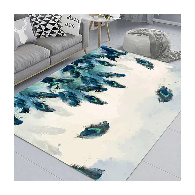 Feather Print Crystal Velvet Home Carpets for Living Room Decor Quality Wrapping Edge Rugs for Bedroom Dirt Tolerance Floor Mat