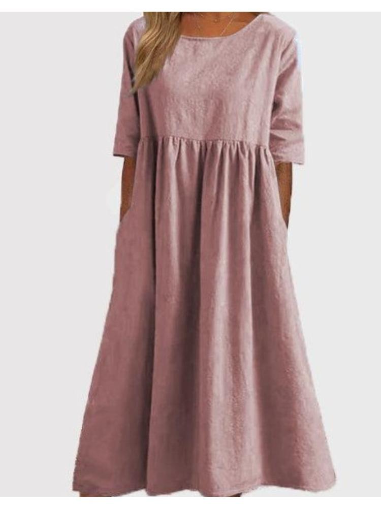 Plus Size Round Neck Solid Pleated Pocket Loose Casual Midi Comfortable Dress S-5XL Lightweight Recognition Elegant with Flattering Chic Dress