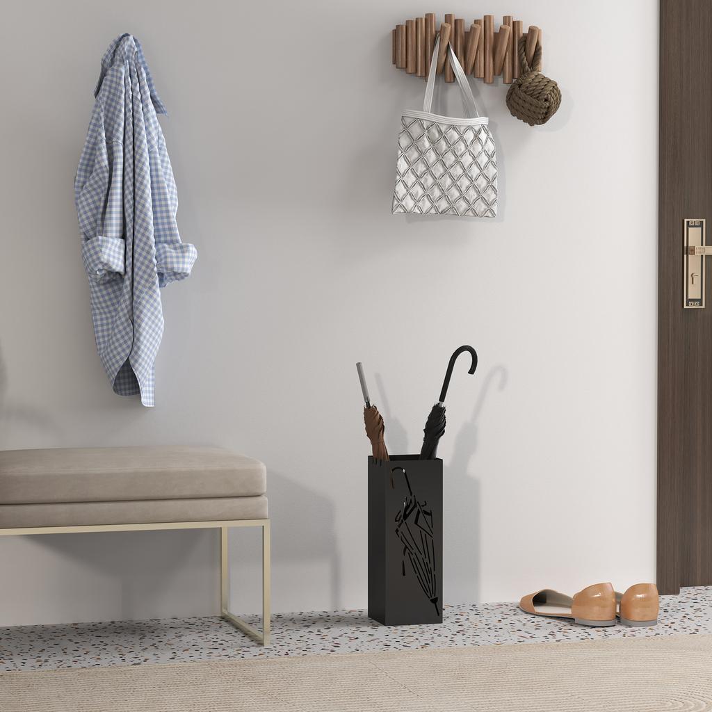 Metal Umbrella Stand, Square Umbrella Holder with 4 Hooks and Removable Drip Tray, Decorative Umbrella Storage Rack for Entryway, Hallway
